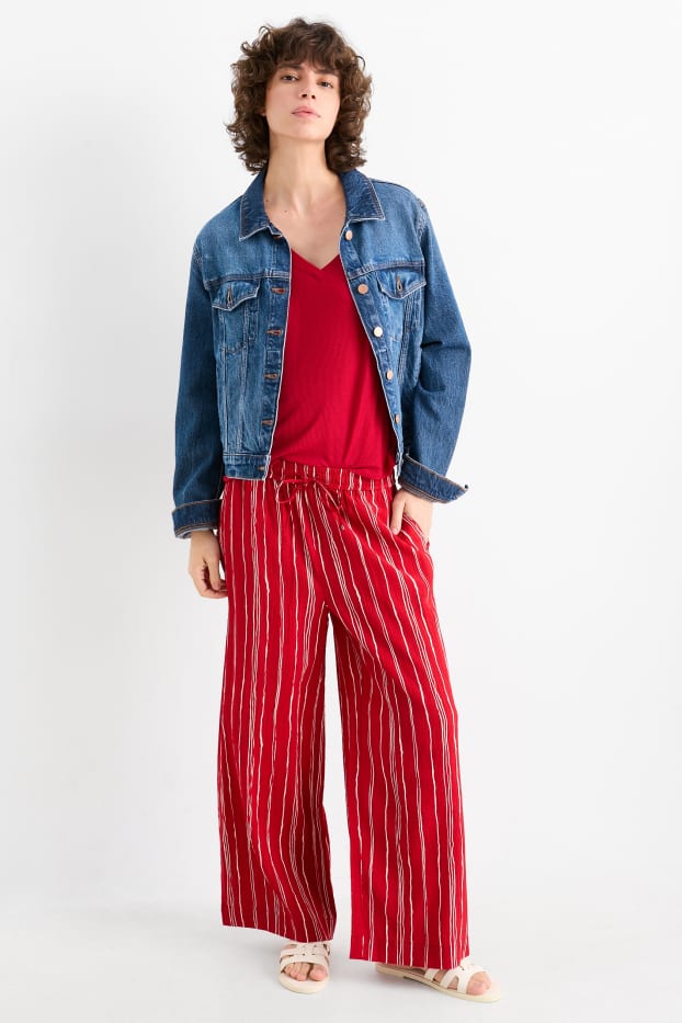Mujer - Pantalón de tela - high waist - wide leg - de rayas - con textura - rojo