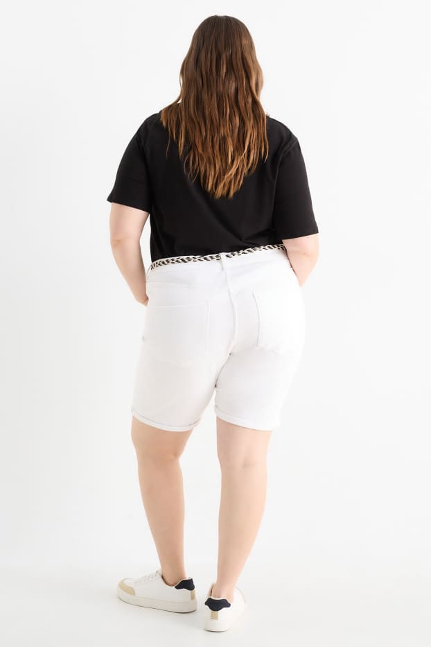 Dámské - Džínové šortky s páskem - mid waist - bílá