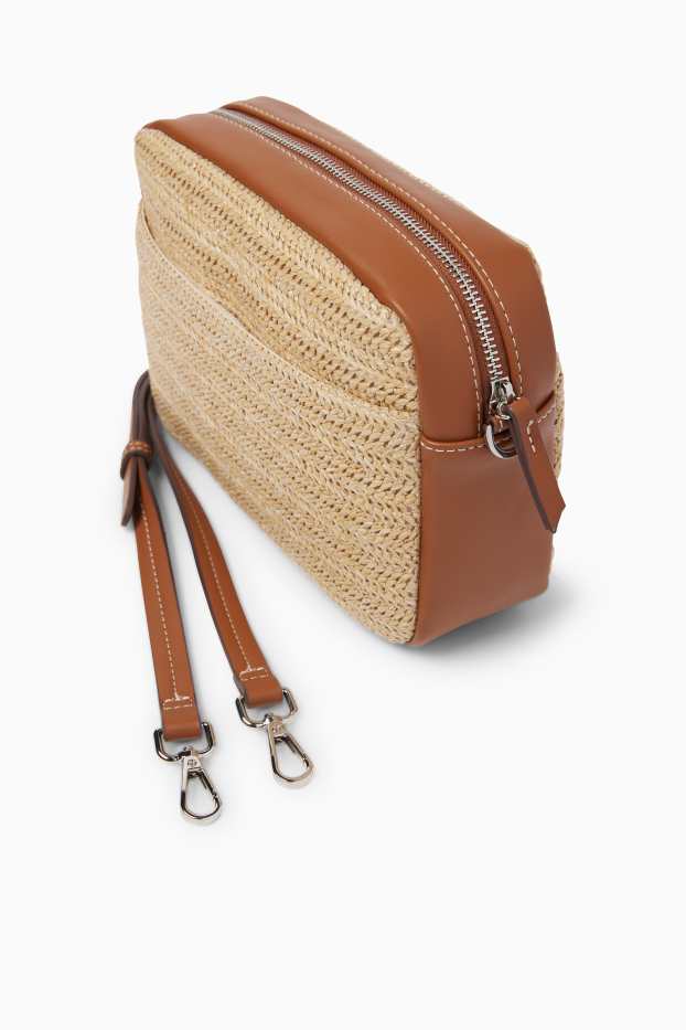 Damen - Stroh-Umhängetasche mit abnehmbarem Taschengurt - beige