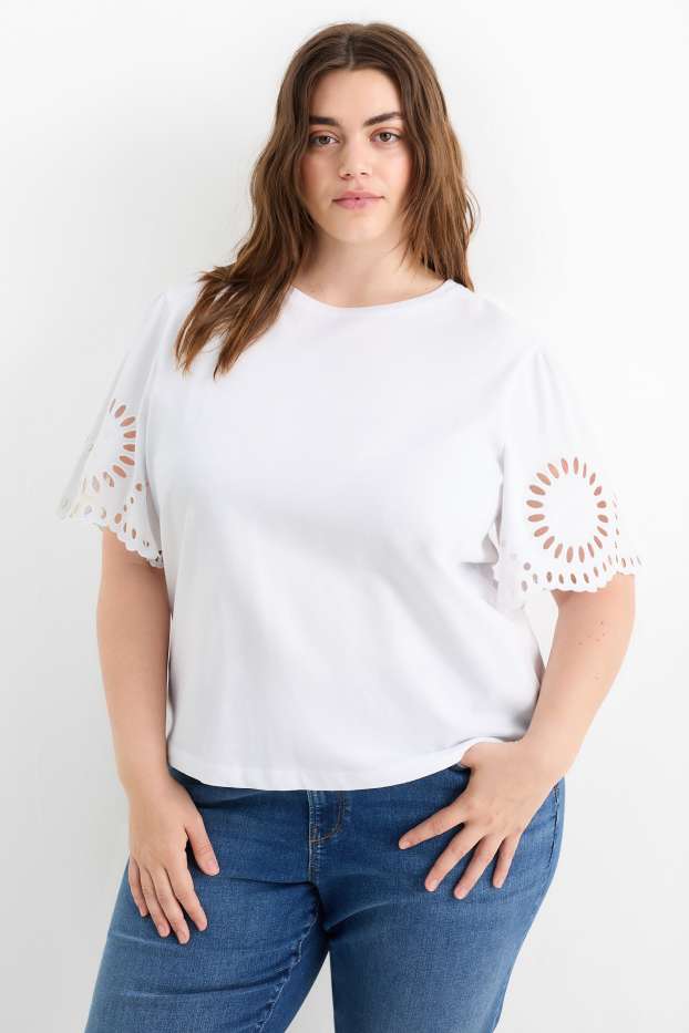Damen - T-Shirt - Regular Fit - Broderie Anglaise - weiß