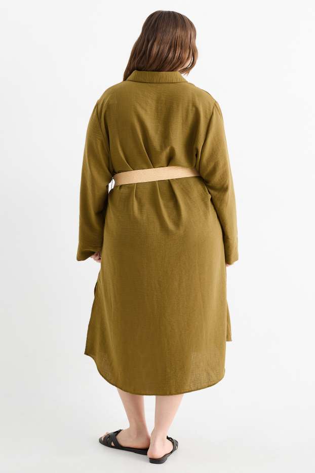 Dámské - Halenkové šaty s páskem - khaki