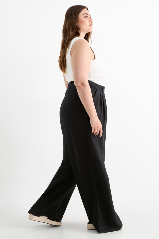 Donna - Pantaloni di stoffa - vita alta - gamba ampia - misto lino - nero