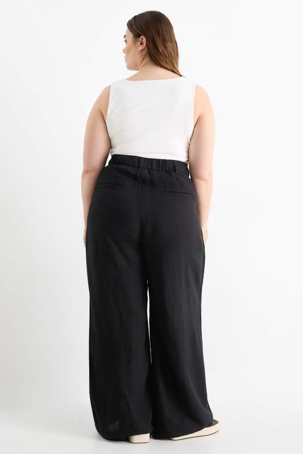 Donna - Pantaloni di stoffa - vita alta - gamba ampia - misto lino - nero
