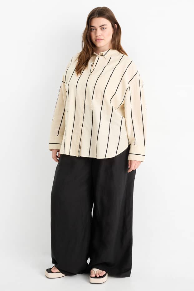 Donna - Pantaloni di stoffa - vita alta - gamba ampia - misto lino - nero