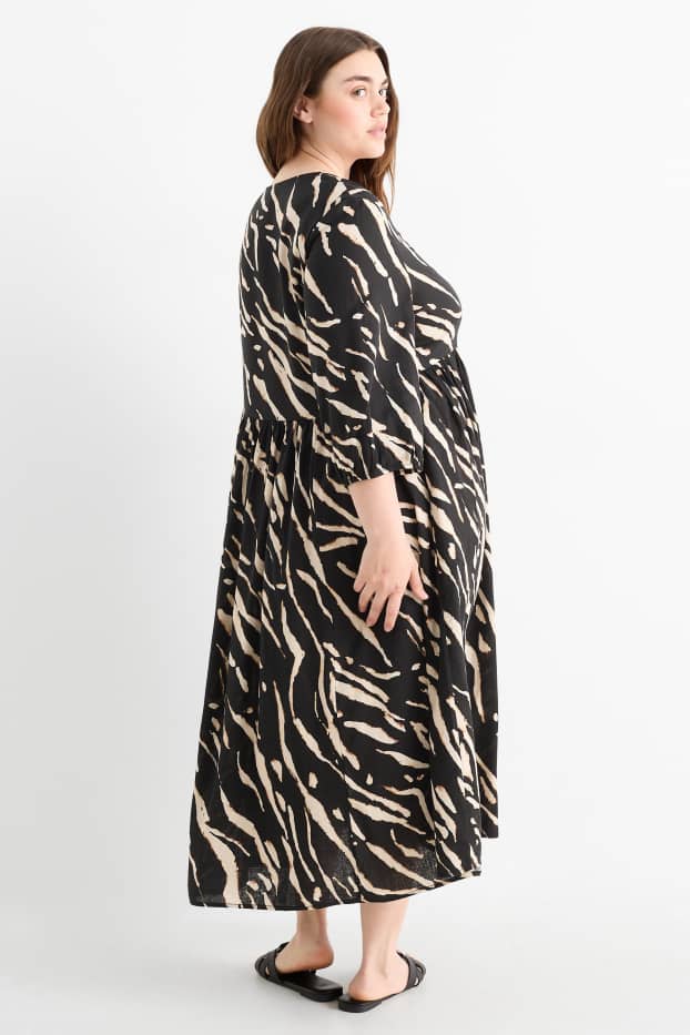 Women - V-neck dress - linen blend - patterned - black / beige