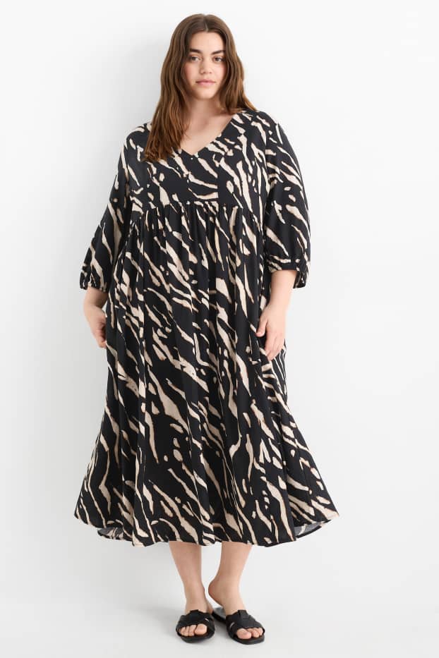 Women - V-neck dress - linen blend - patterned - black / beige