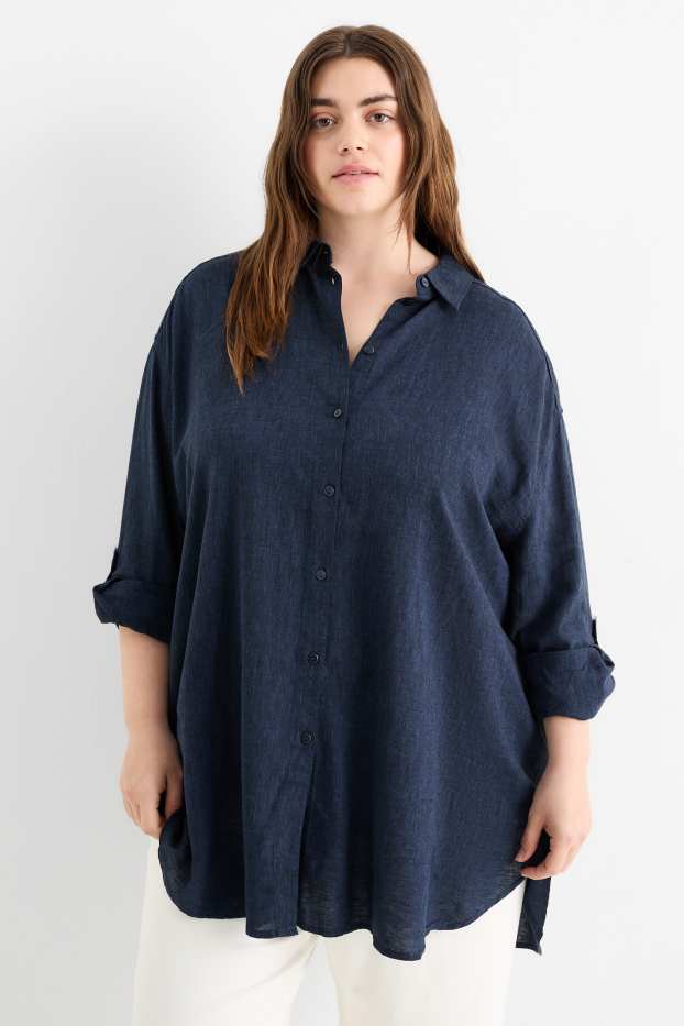 Damen - Bluse - Leinen-Mix - dunkelblau