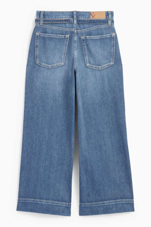 Dames - Korte wide leg jeans met riem - mid waist - jeansblauw