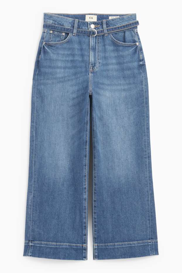 Dames - Korte wide leg jeans met riem - mid waist - jeansblauw
