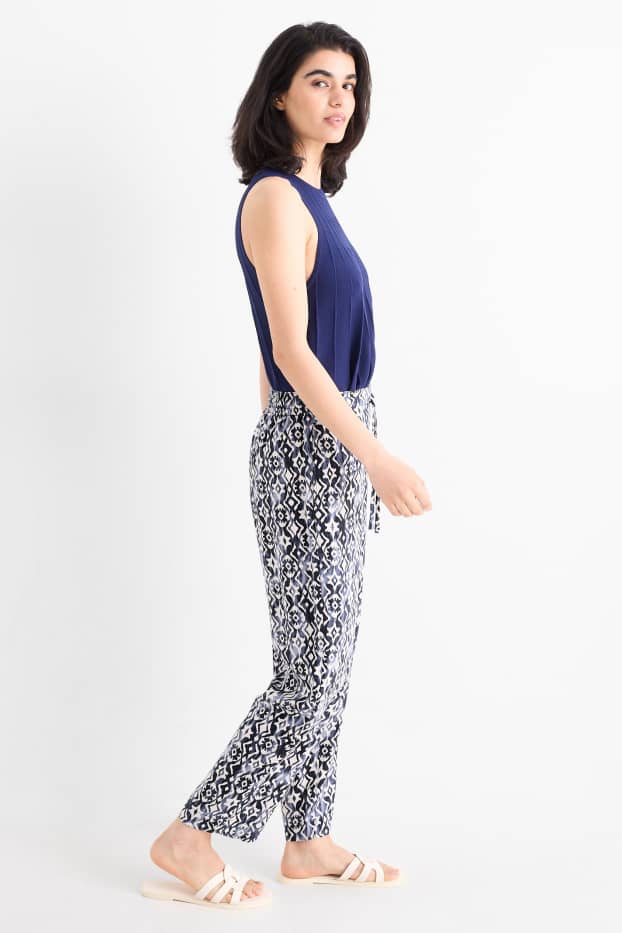 Dames - Pantalon - high waist - tapered fit - met patroon - donkerblauw