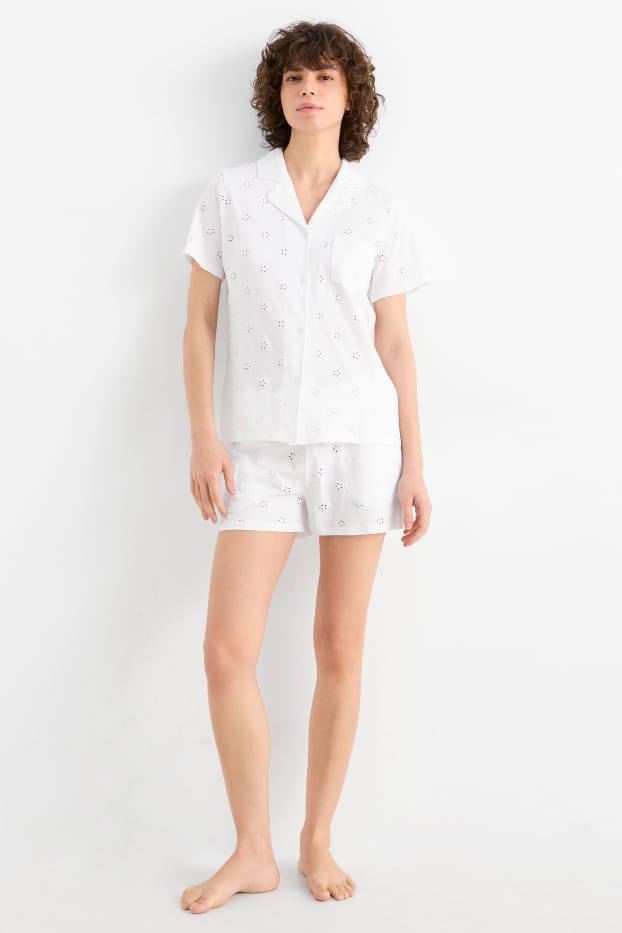 Damen - Shorty-Pyjama - Broderie Anglaise - weiß