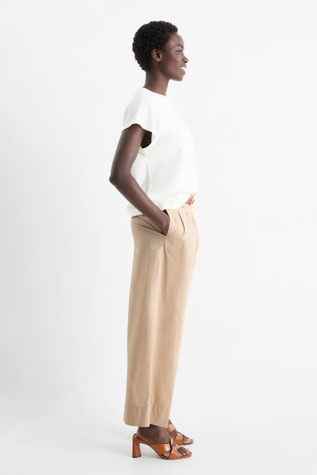 Dámské - Plátěné kalhoty s páskem - high waist - wide leg - taupe