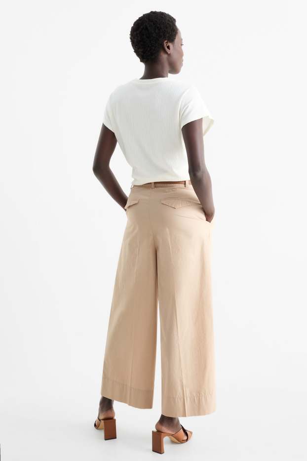 Dámské - Plátěné kalhoty s páskem - high waist - wide leg - taupe