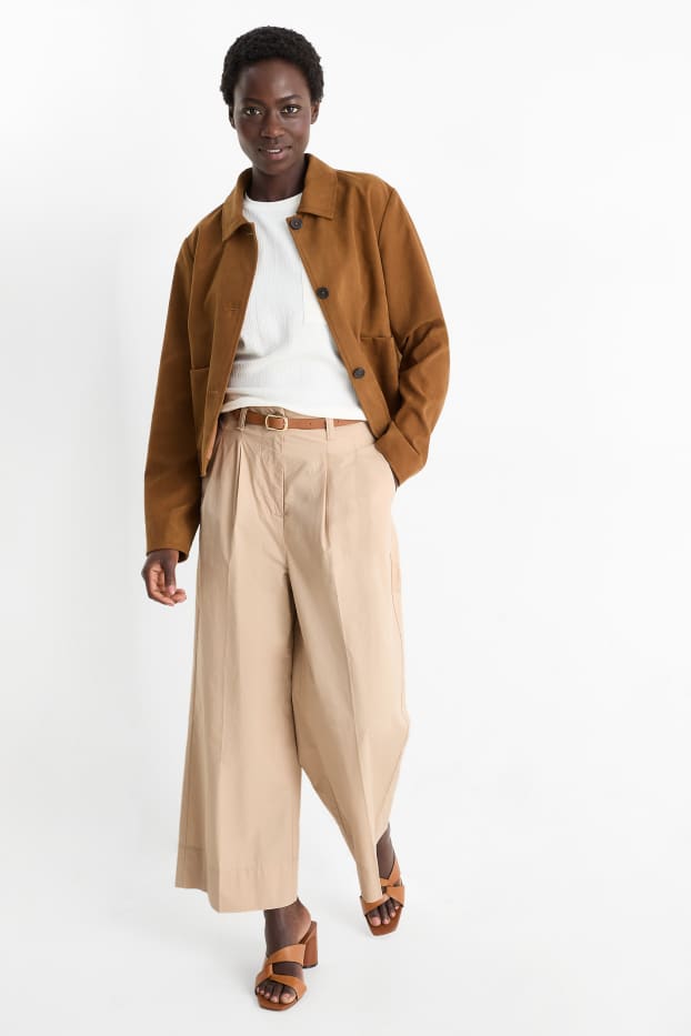 Dámské - Plátěné kalhoty s páskem - high waist - wide leg - taupe