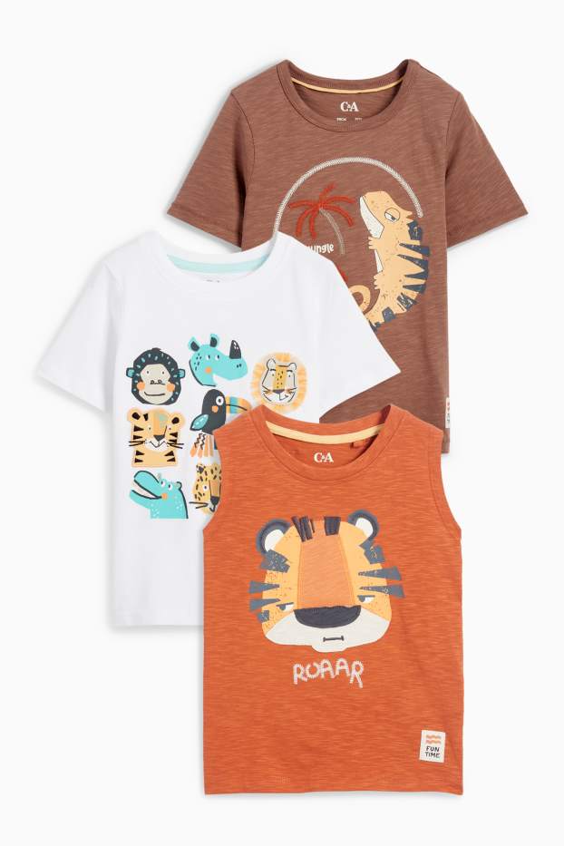 Bambini - Confezione da 3 - animali selvatici - top e 2 maglie a maniche corte - arancio scuro