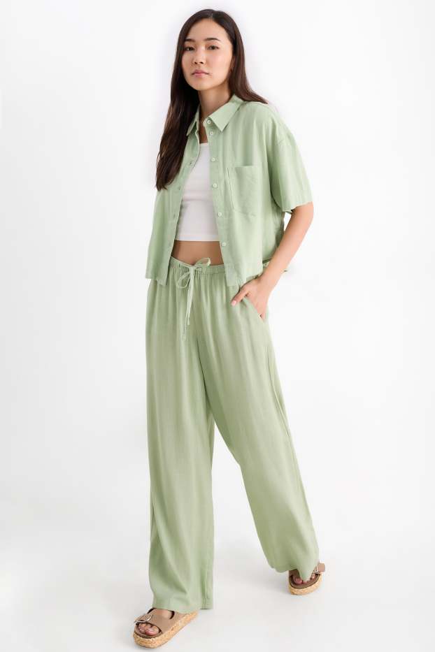 Damen - Stoffhose mit Leinen-Anteil - Mid Waist - Wide Leg - hellgrün