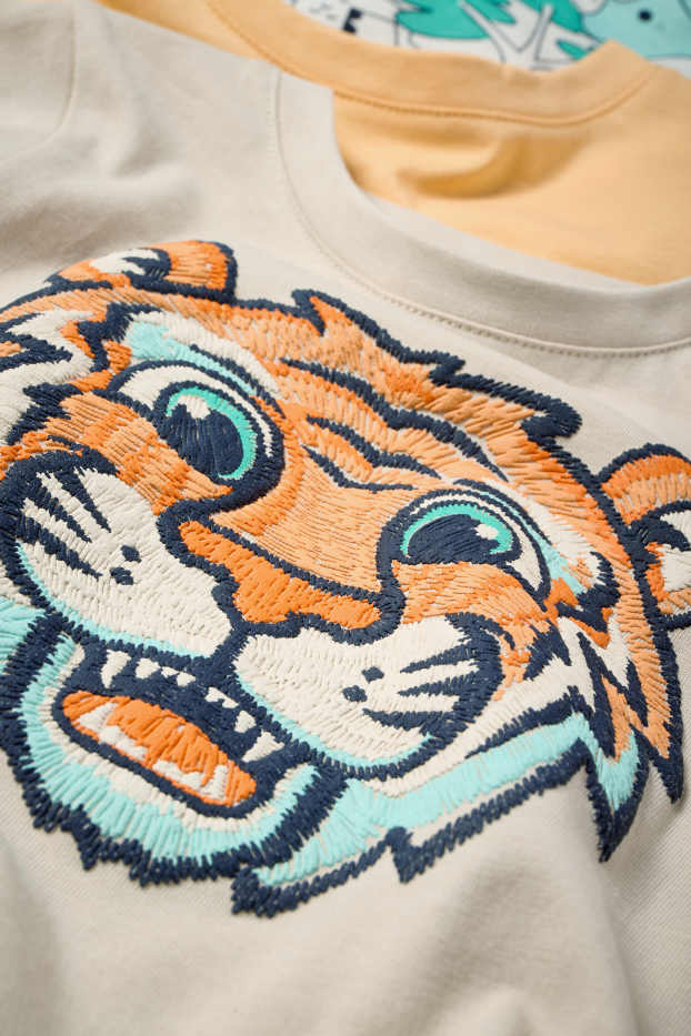 Děti - chlapci - Multipack 3 ks - motiv tygra - tričko s krátkým rukávem - světle béžová