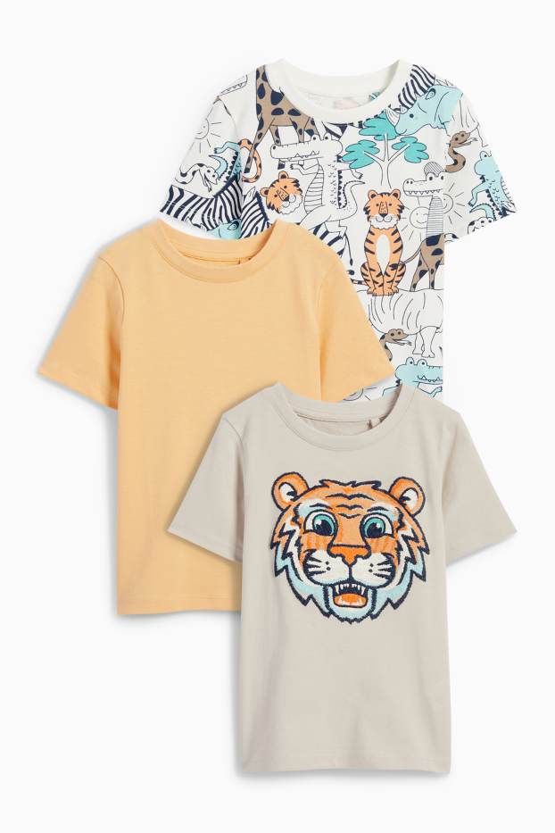 Děti - chlapci - Multipack 3 ks - motiv tygra - tričko s krátkým rukávem - světle béžová
