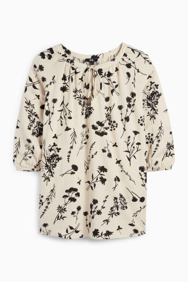 Dames - Blouse - linnenmix - gebloemd - beige