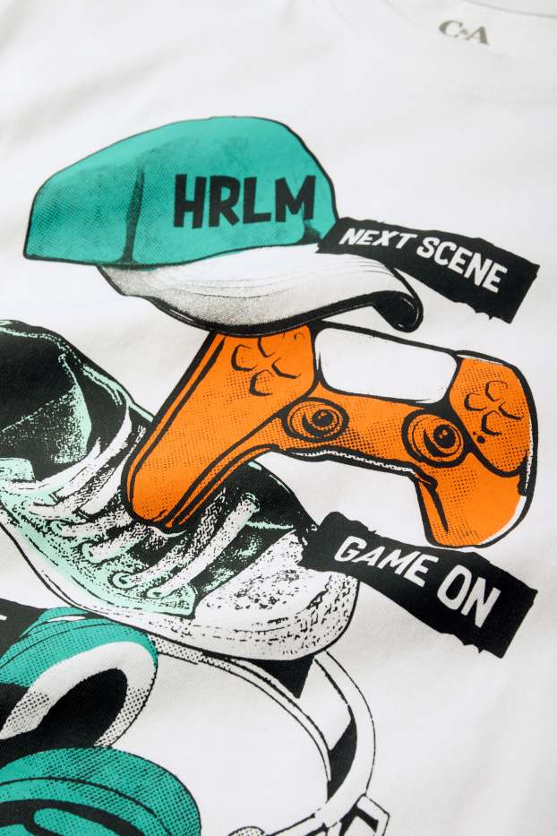 Děti - chlapci - Gamerský motiv s teniskami - tričko s krátkým rukávem - bílá