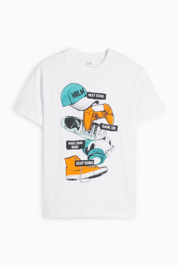 Děti - chlapci - Gamerský motiv s teniskami - tričko s krátkým rukávem - bílá