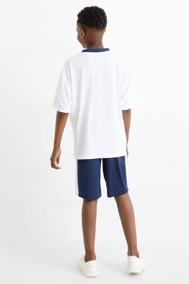 Děti - chlapci - Basketbalový motiv - souprava - tričko s krátkým rukávem a šortky - 2dílná - tmavomodrá/bílá