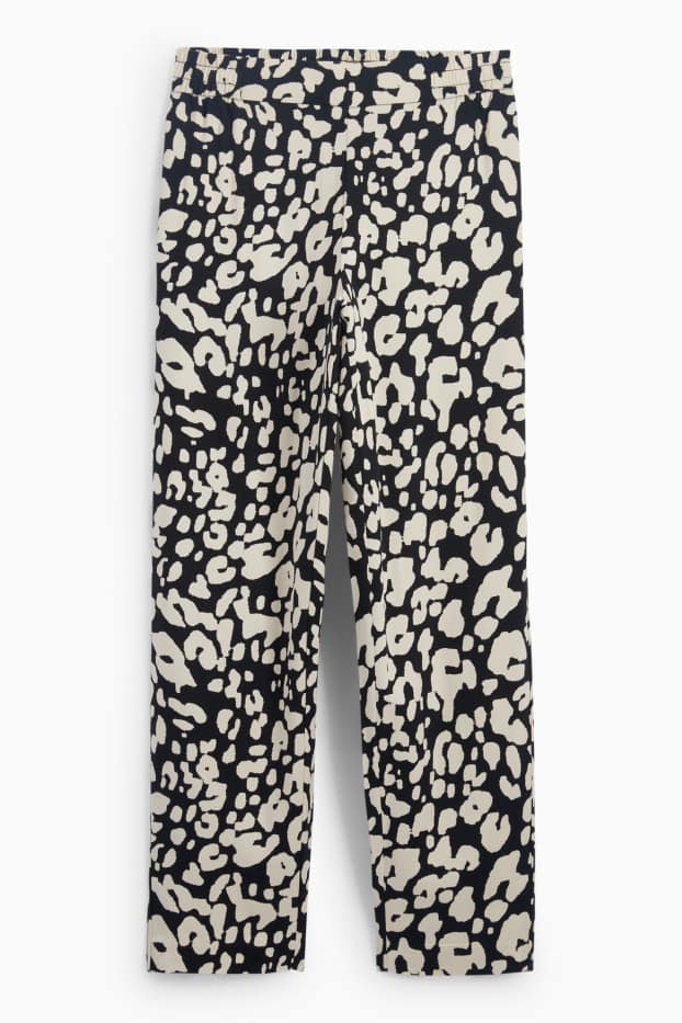 Dámské - Plátěné kalhoty - high waist - tapered fit - s leopardím vzorem - černá/béžová
