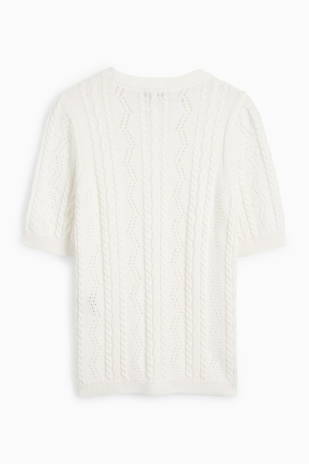 Femmes - Pull en maille - manches courtes - motif tressé - blanc