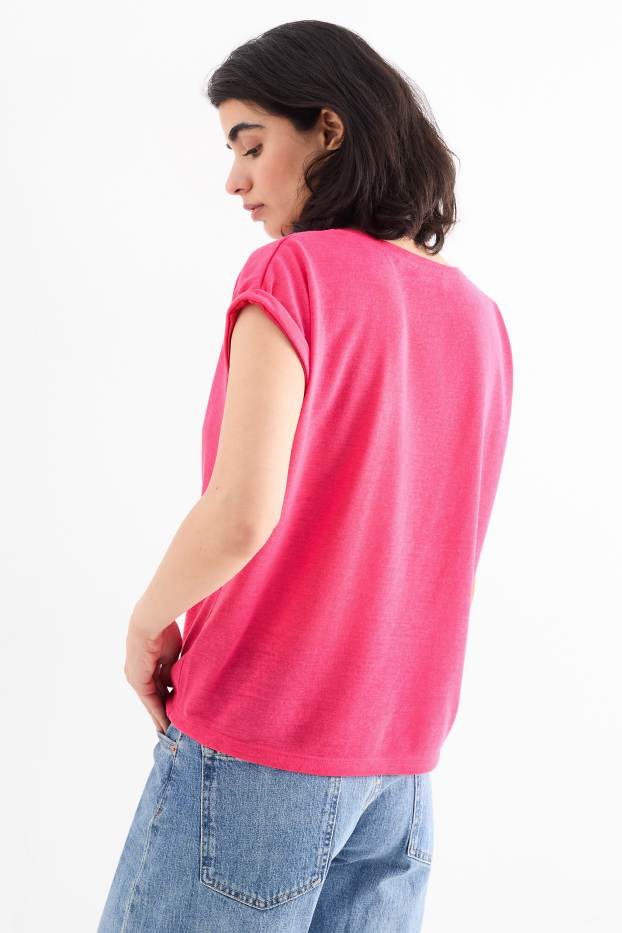 Dames - T-shirt met V-hals - regular fit - fuchsiarood