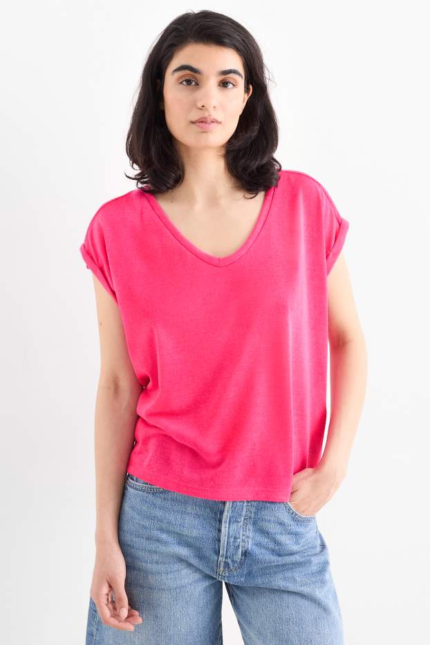 Dames - T-shirt met V-hals - regular fit - fuchsiarood