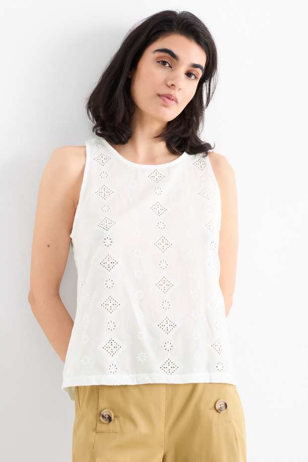 Dames - Blousetop - Broderie Anglaise - wit
