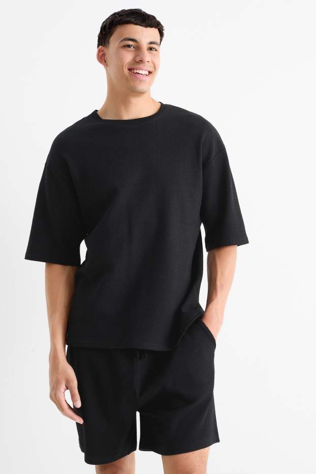 Pánské - Tričko - oversized - strukturované - černá