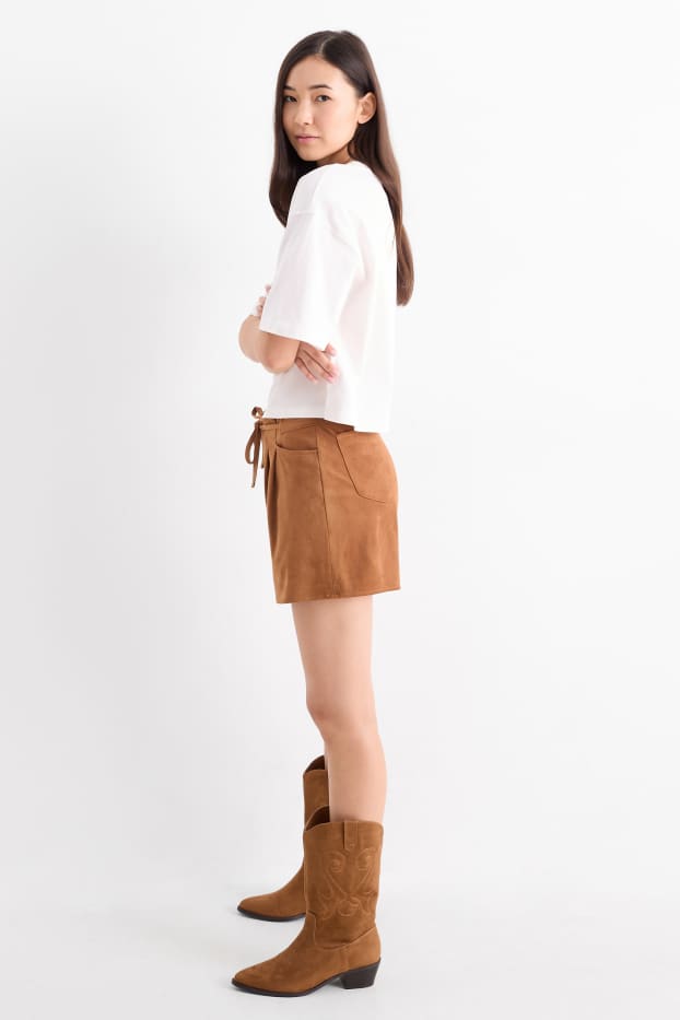 Damen - Shorts - Mid Waist - Velourslederimitat - braun