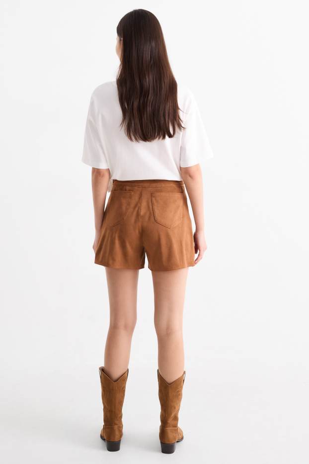 Damen - Shorts - Mid Waist - Velourslederimitat - braun