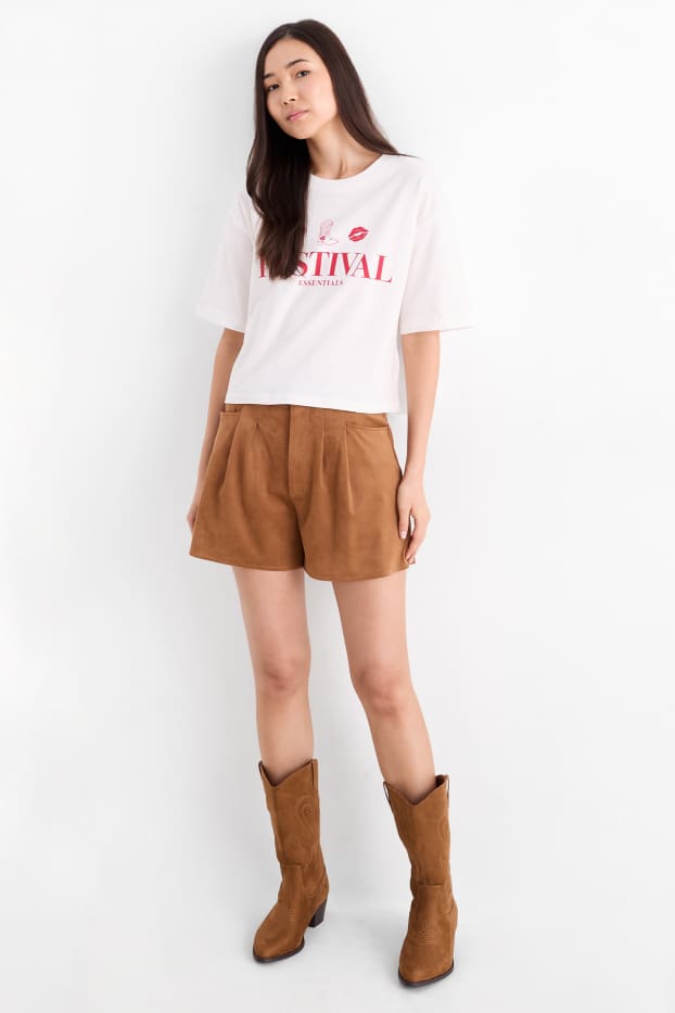 Damen - Shorts - Mid Waist - Velourslederimitat - braun