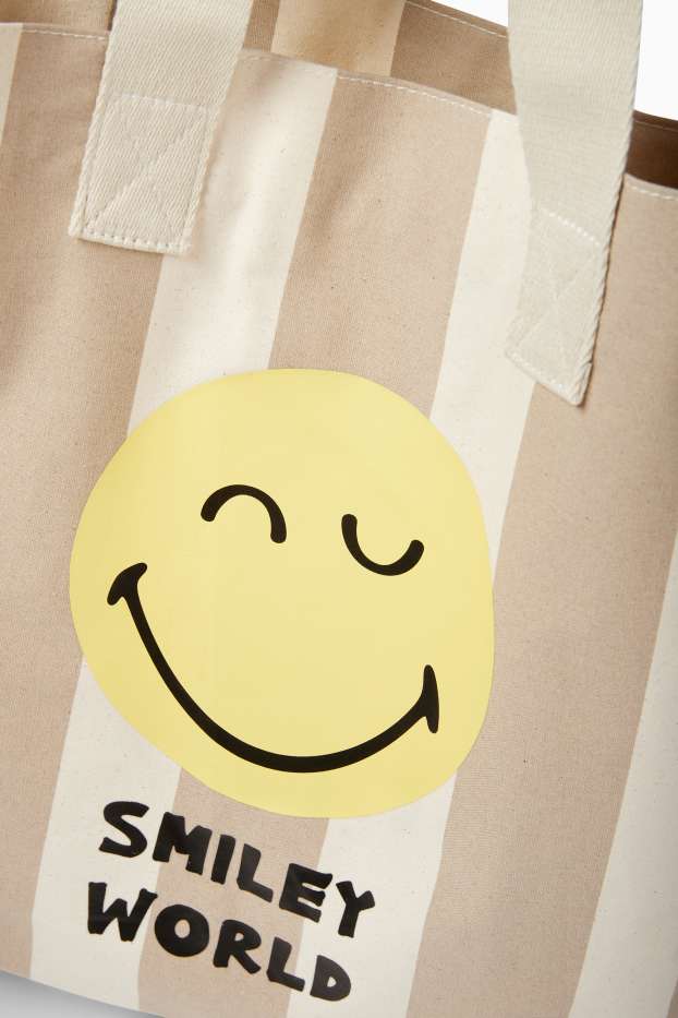 Women - Large shopper - striped - SmileyWorld® - beige