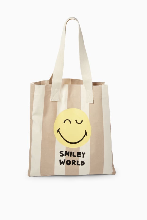 Women - Large shopper - striped - SmileyWorld® - beige