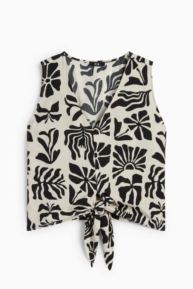 Femmes - Chemisier à col V et nœud - à motif - noir / beige