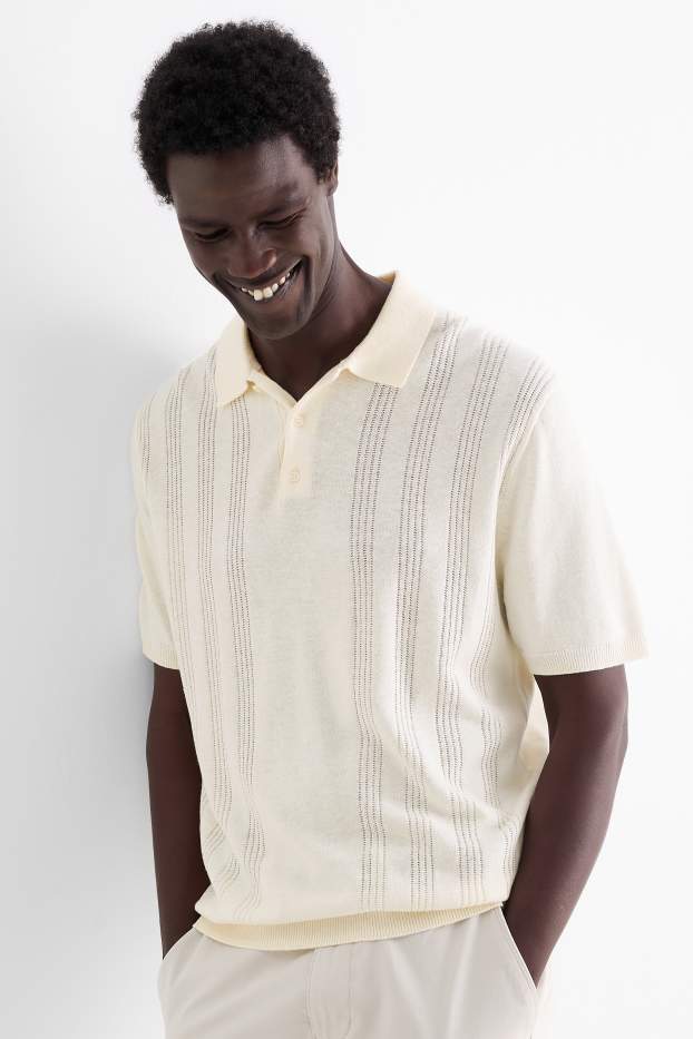 Herren - Strick-Poloshirt mit Leinen-Anteil - Regular Fit - cremeweiß