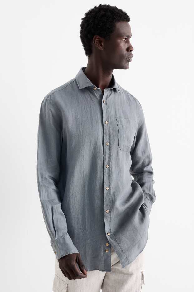 Herren - Leinen-Businesshemd - Regular Fit - Cutaway - grau