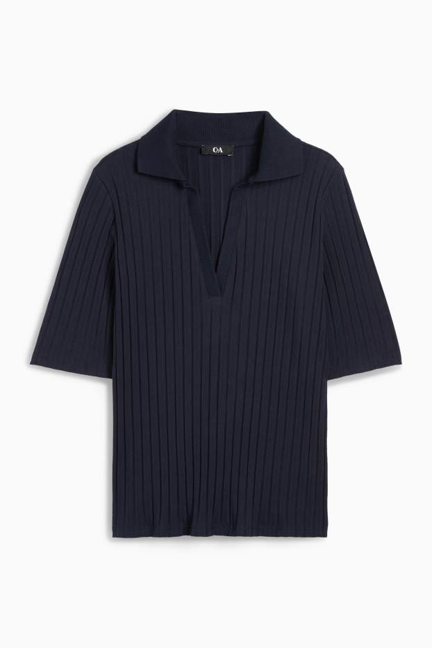 Dona - Samarreta de màniga curta amb coll en punta - regular fit - acanalada - blau fosc