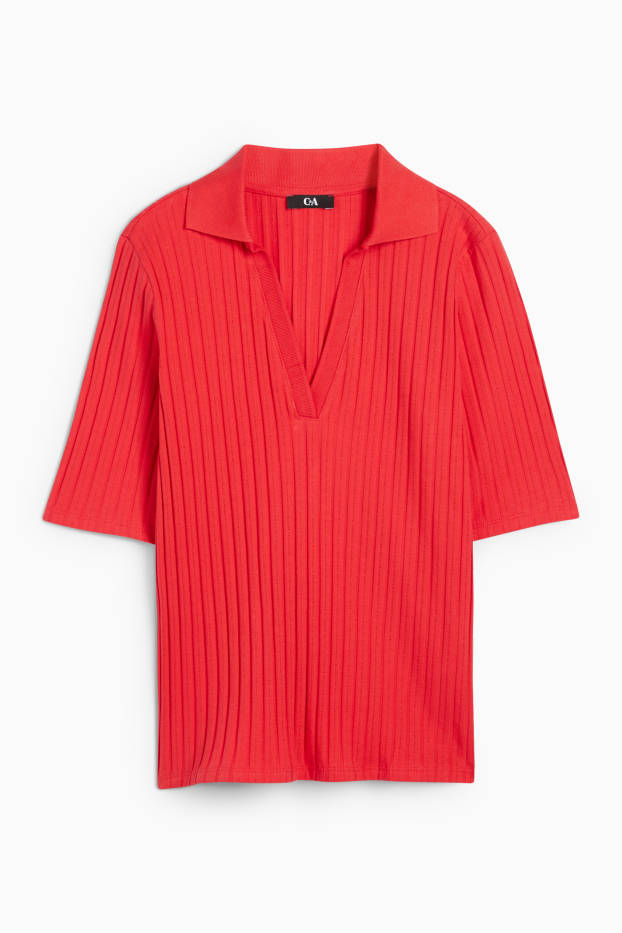 Women - V-neck T-shirt - regular fit - ribbed - red