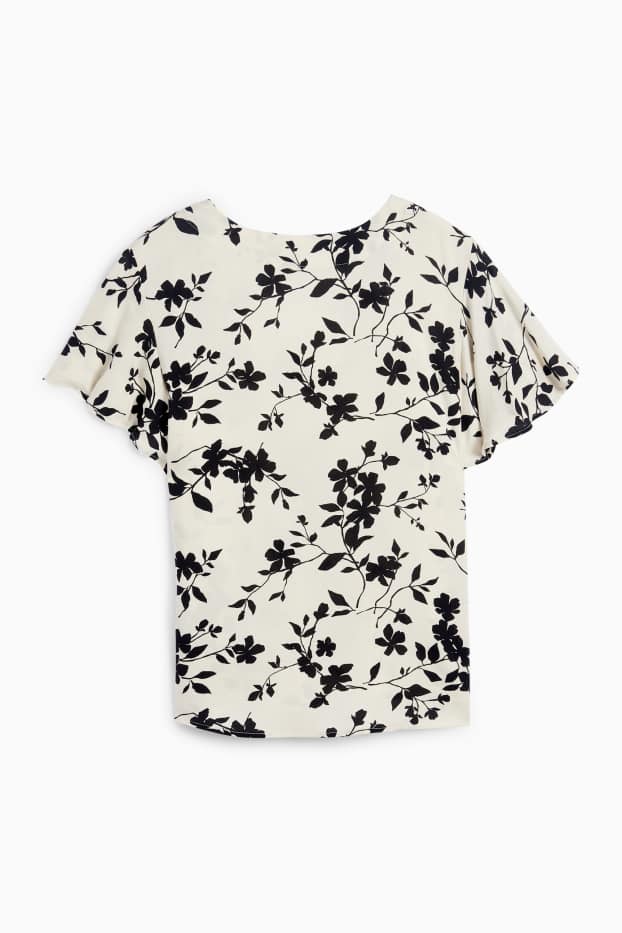 Dames - Blouse met volants - gebloemd - zwart / beige