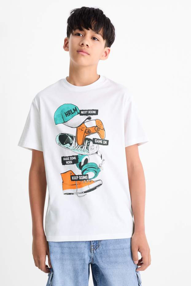 Děti - chlapci - Gamerský motiv s teniskami - tričko s krátkým rukávem - bílá