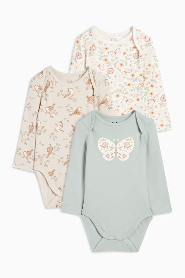 Baby Mädchen - Multipack 3er - Vögelchen und Schmetterling - Baby-Body - hellbeige