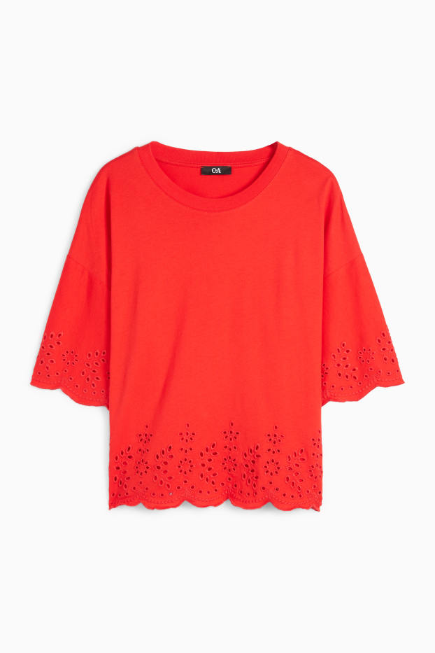 Damen - T-Shirt - Regular Fit - Broderie Anglaise - rot