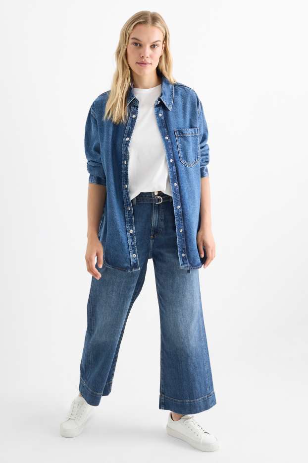 Dames - Korte wide leg jeans met riem - mid waist - jeansblauw