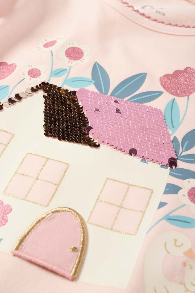 Kinderen: meisjes - Ganzen en huis - longsleeve - glanseffect - roze