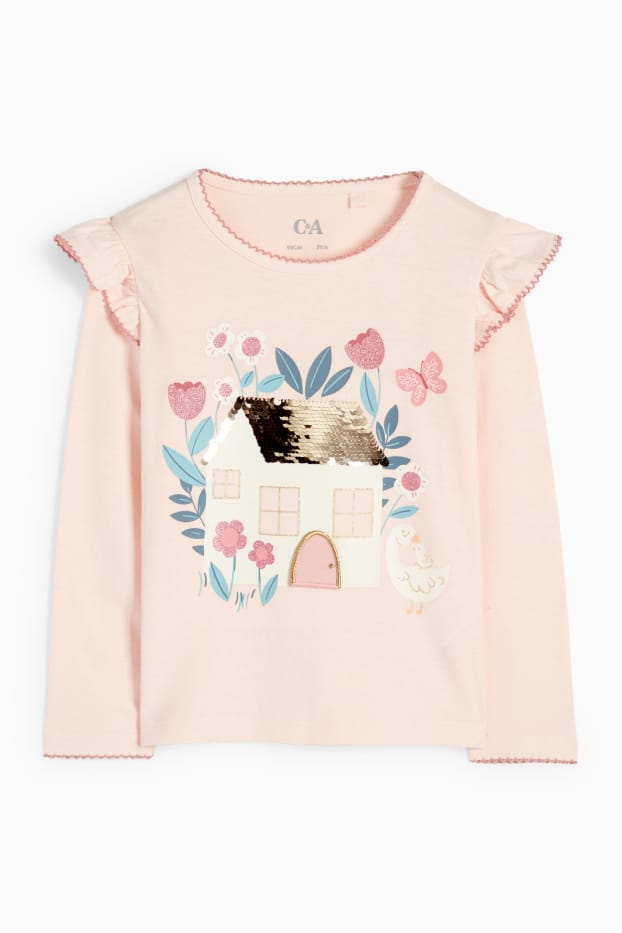 Kinderen: meisjes - Ganzen en huis - longsleeve - glanseffect - roze