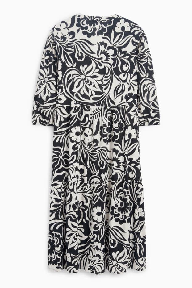 Dames - Blousejurk met V-hals - gebloemd - zwart / beige